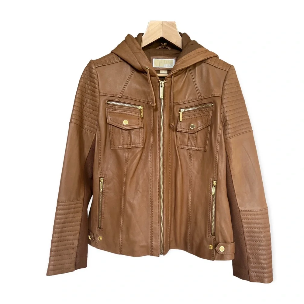 Michael Kors Women’s Brown Leather Hooded Moto Full Zip Jacket, XL - Picture 1 of 10